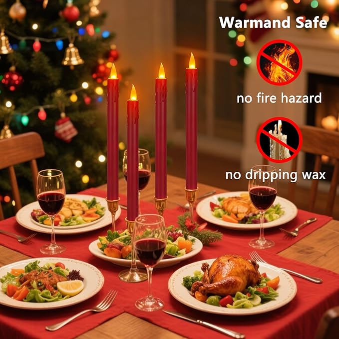 24 Pcs Flameless Taper Candles with Remote, 10" Burgundy Battery Operated Led Candlesticks with Flickering 3D Flame, Fake Taper Candles for Christmas Thanksgiving Wedding Home Décor