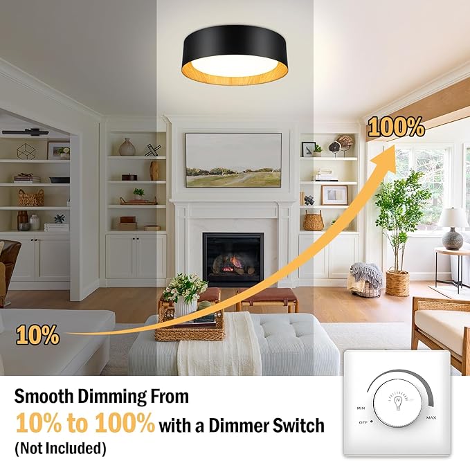 BrightHome 2-Pack Flush Mount Ceiling Light, 13in 2600LM 25W(300W Equiv), LED Ceiling Light Fixture 5CCT 2700K 3000K 4000K 5000K 6000K, Dimmable Ceiling Lamp for Bathroom Hallway, Black and Wood