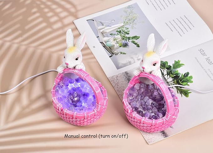 AMOYSTONE Amethyst Rabbit Night Light with Ceramic Sculpture, USB Powered Easter Home Decor Lamp for Bedroom Kids Room Gift