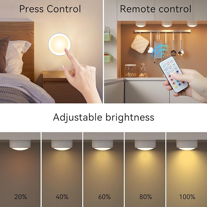 Battery Operated LED Push Lights with Wireless Remote, 13 Color RGB - for Closet, Bedroom Wall, Under Cabinet, Battery Powered Puck Lights. Convenient 3M Stick On(Black, 2-Packs)