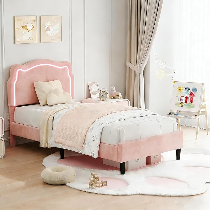 GarveeHome Twin Upholstered Smart LED Bed Frame with Headboard, Velvet Princess Platform Bed Frame for Kids, Wooden Slats Support, No Box Spring Needed (Rose)