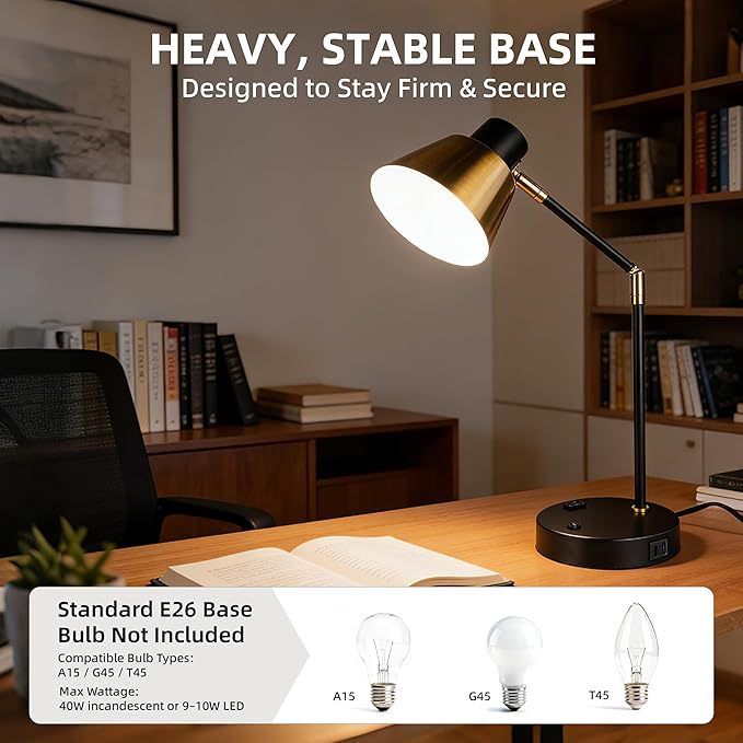 Modern Desk Lamp with USB & AC Outlet, Adjustable Industrial Table Lamp, Heavy Base, 270° Swivel, E26 Socket for A15/G45/T45 Bulbs, Bedside Lamp for Bedroom, Office, Living Room (Bulb Not Included)