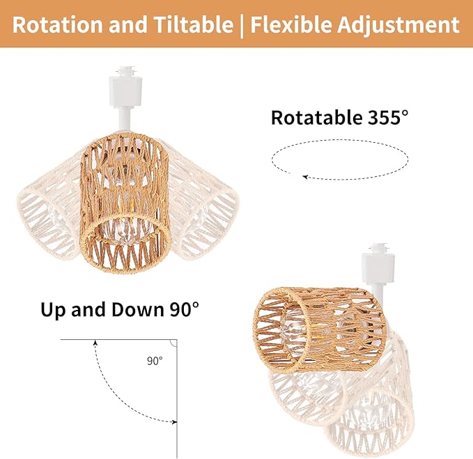 4-Pack H Track Lighting Heads, Rattan Track Light Heads Fixture for H Type Track Lighting Rail, E26 Flexible Track Light Ceiling Fixtures, Adjustable Modern Track Light for Kitchen, No Bulb
