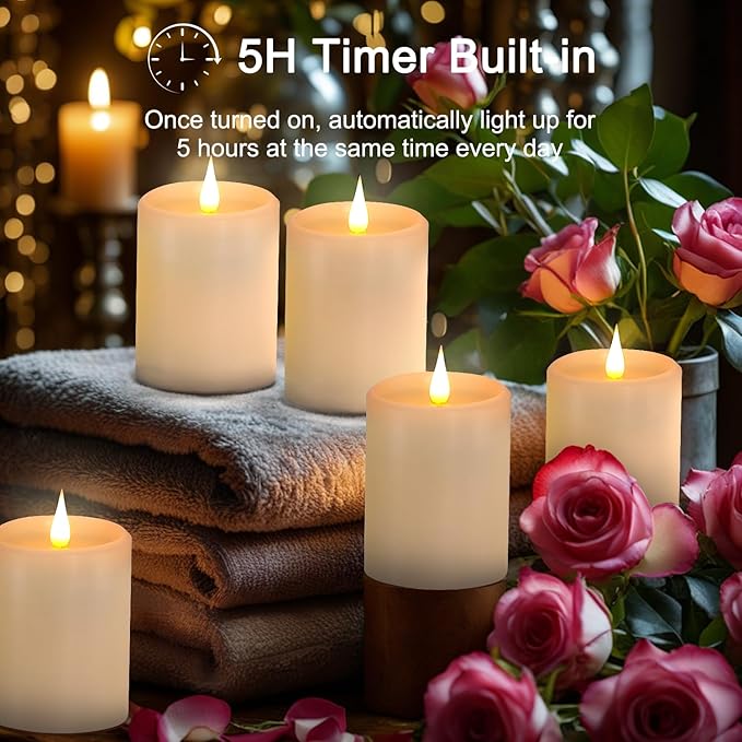 Flickering Flameless Candles with 3D Moving Flame, Real Wax Battery Operated Candles with Timer and Remote, Last 600+ Hours, 3" x 4" LED Fake Candles for Home Wedding Christmas Decor, 2 Pack