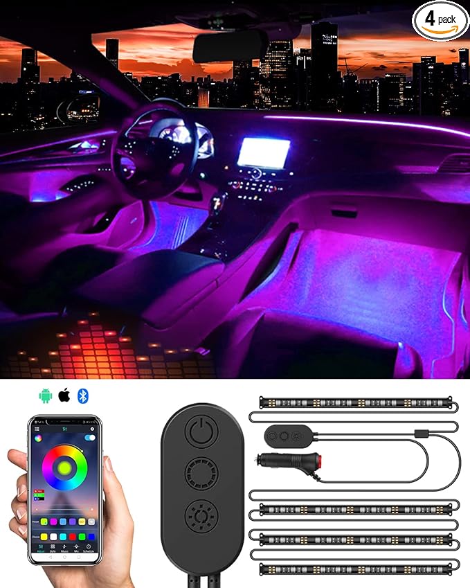 SUNPIE Car LED Lights Interior RGB LED Strip Smart Lighting w/Multi-Color App Control Waterproof Atmosphere Car Light w/8.8ft Length and DC 12V Car Charger Sync to Music