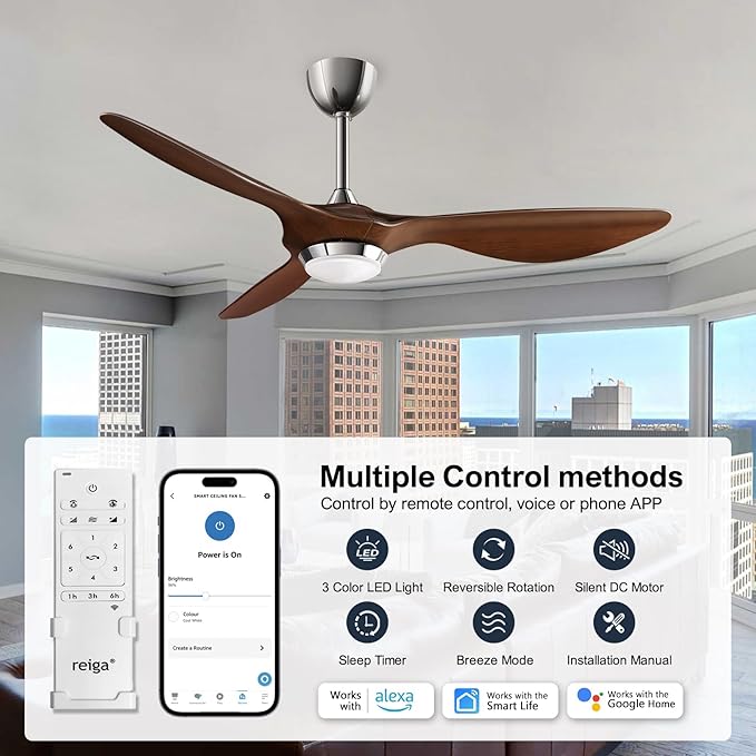 reiga 52 Inch ETL Listed High CFM Quiet DC Motor Smart Ceiling Fans with Lights Remote Control, Indoor 3 Blade Modern Ceiling Fan for Living Room Bedroom