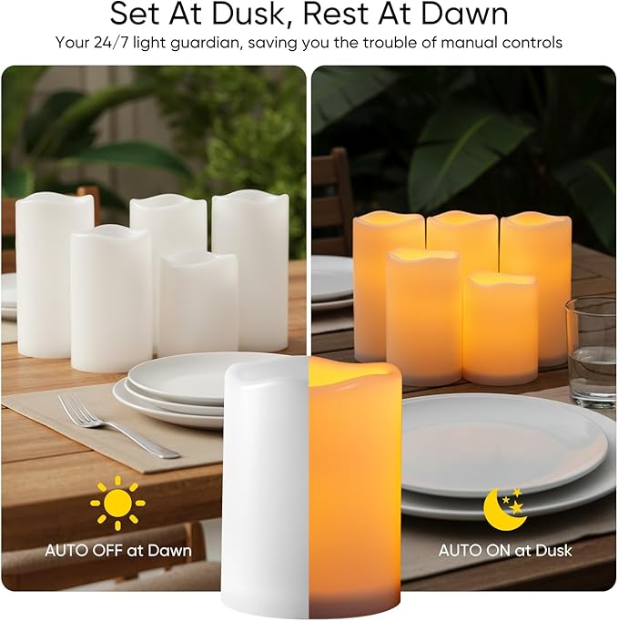 Raycare Outdoor Waterproof Flameless Candles-Auto Light Sensor Dusk to Dawn, Flickering LED Candle, Battery Operated Electric Fake Pillar Candle for Garden, Porch, Patio Decor, (D3 xH4 5" 6" 6" 6")