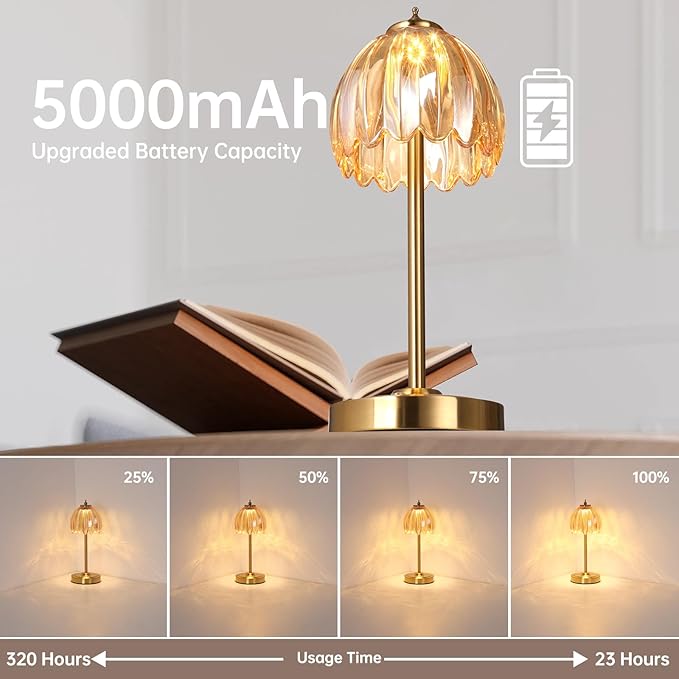 Set of 2 Tulip Table Lamp with 5000mAh Battery & Touch Control, Cordless Table Lamp with 3 Colors, Dimmable Rechargeable Table Lamps for Bedroom, Living Room, Entryways (Amber Tulip)