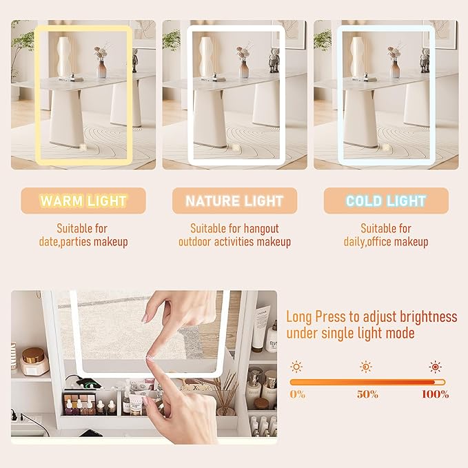 ALEAVIC Vanity Desk with Mirror and LED Lights, Makeup Vanity Set with Power Outlet, and Stool,Jewelry Storage,White Vanity Desk for Bedroom