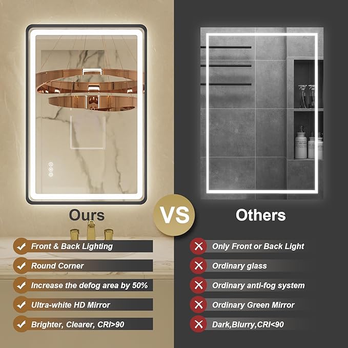 24x36 Inch Black Frame LED Bathroom Mirror with Lights, Dimmable Smart Lighted Bathroom Mirror, Anti-Fog, 3 Colors, Frontlit and Backlit, Waterproof, Memory Function Wall Mirror for Bathroom