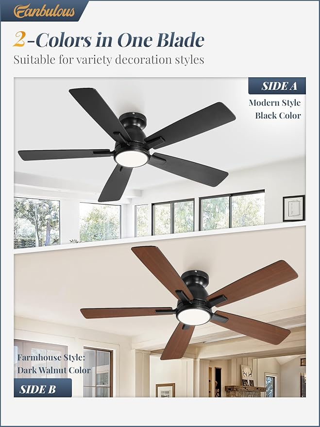 Fanbulous 46 inch Ceiling Fans with Lights, Flush Mount Ceiling Fan and Remote, Modern Low Profile, 3CCT 20W LED Light with 6-Speeds Quiet Reversible Motor, for Bedroom, Living Room, Apartment, Black