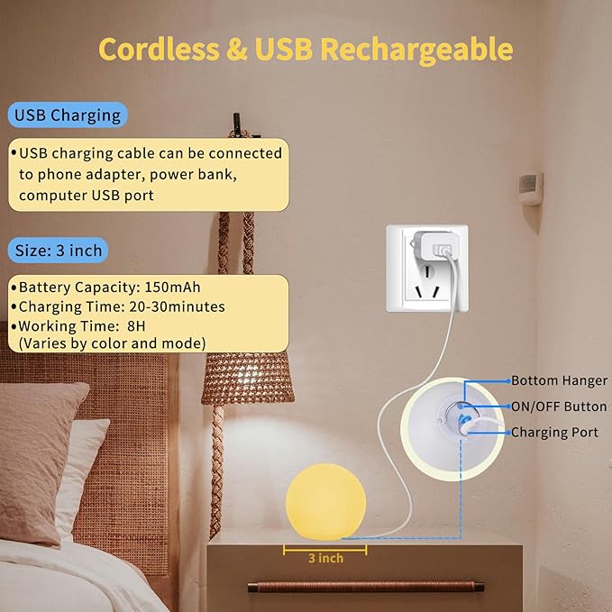 LED Ball Light,3-Inch Cordless Orb Light with Remote,16 Color Changing Night Light for Kids,Rechargeable Mood Lamp,IP68 Waterproof for Bath Tub Shower,Party,Christmas Decor