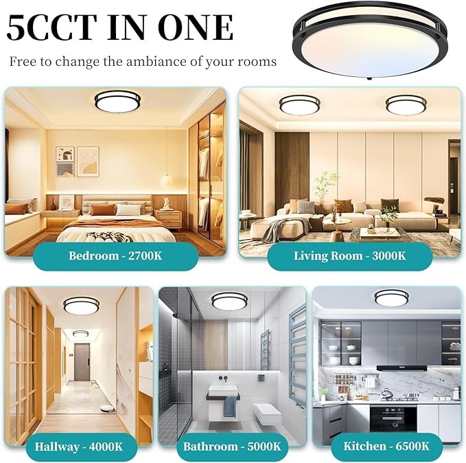 12Inch 3800LM Flush Mount LED Ceiling Light Fixtures, 36W, Black, Dimmable, Color Temperature Changeable, Suitable for Kitchen, Bathroom, Bedroom, Living Room, Dining Room