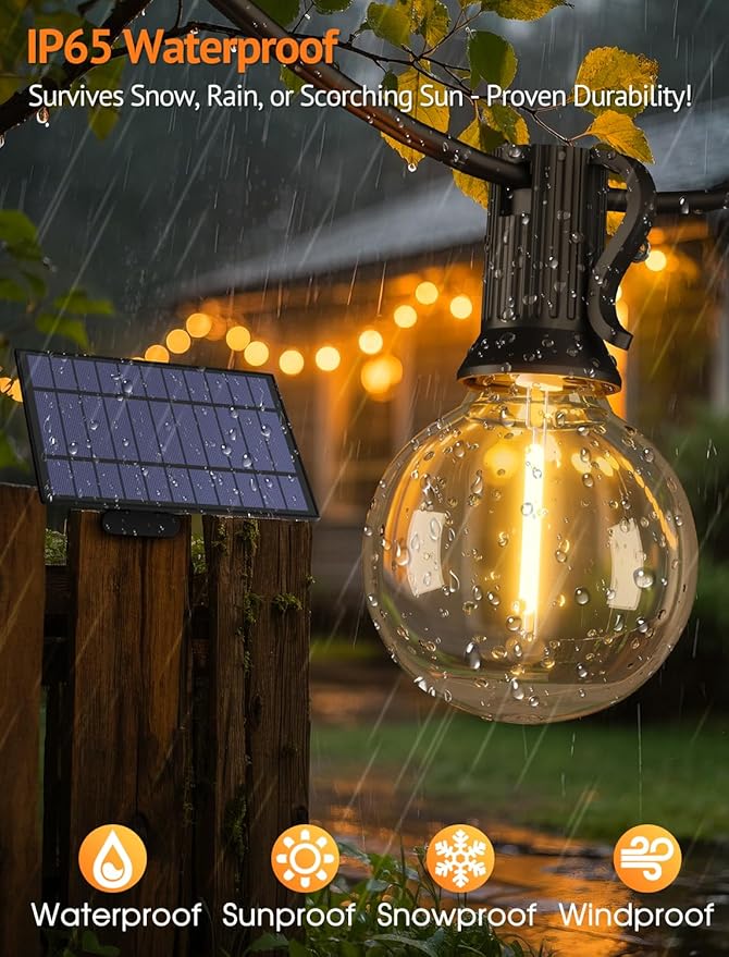 100FT(4x25FT) Solar String Lights Outdoor with Remote, Waterproof Dimmable 3 Modes Patio Light with 40+3 LED G40 Bulbs for Camping Porch-Black