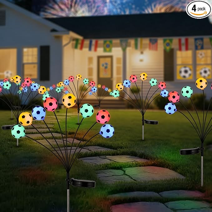 Solar Football Garden Lights – Swaying LED Solar Lights Outdoor for World Cup Decor, Outdoor Waterproof Patio & Yard Lights with Flexible Wire & Heavy Base, Multi-Colored (4Pack)
