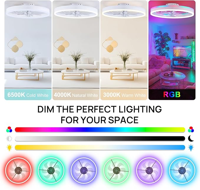 RGB Ceiling Fans with Lights, 20" Fandelier Low Profile Ceiling Fan with Light, Modern Flush Mount Ceiling Fan Light with Remote/APP Control, Bedroom Chandelier Fan Fixture for Indoor(White)