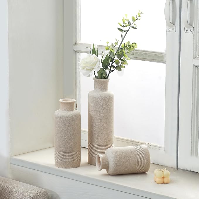 Flower Vase Set, Stone Look, 3 PCS Small Decorative Bud Vases for Pampas Grass, Farmhouse Decor, Kitchen, Living Room, Bathroom, Bedroom, Office, Shelf Centerpiece Table Decoration (Beige)