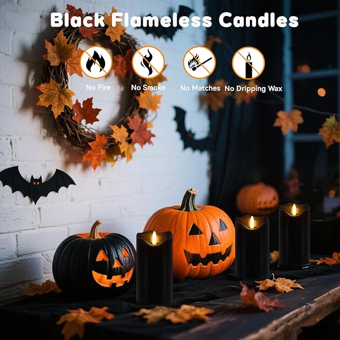Black Flameless Candles, Set of 2 6"x3" Flickering LED Candles with Remote & Timer, Dimmable Real Wax Electric Pillar Candles Battery Operated, Flameless Candles Light for Home Halloween Decor (Black)