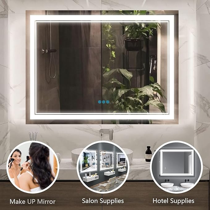 48”x 36” Bathroom Led Vanity Mirror with 3 Colors Light, Dimmable Touch Switch Control, Anti-Fog Wall Mounted Makeup Mirror for Wall (Horizontal)