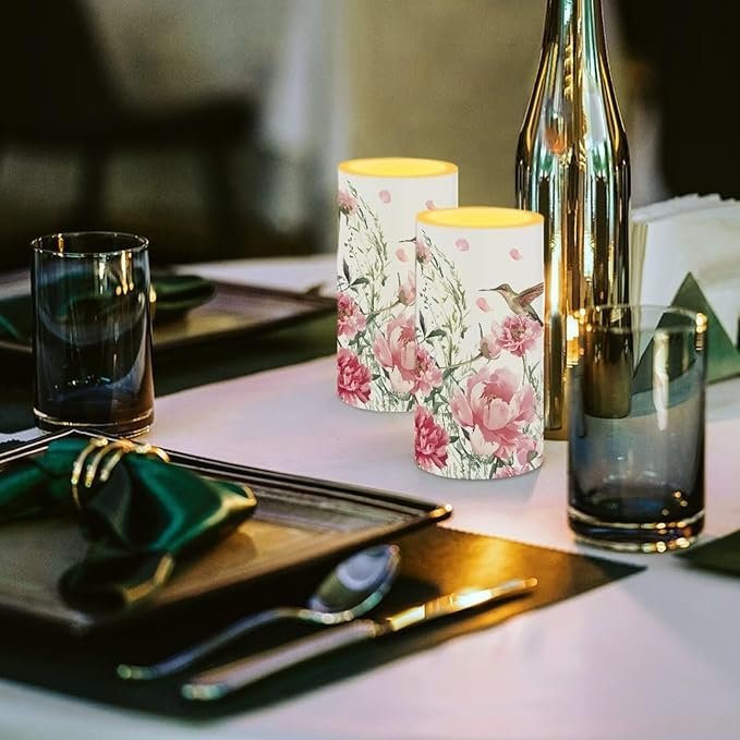 Bird Floral Flameless Candles 2 Pack 6 x 3 inch Battery Operated Candles with Multicolor Timer Remote Control LED Fake Candles for Warm Light Dinner Table Home Decor