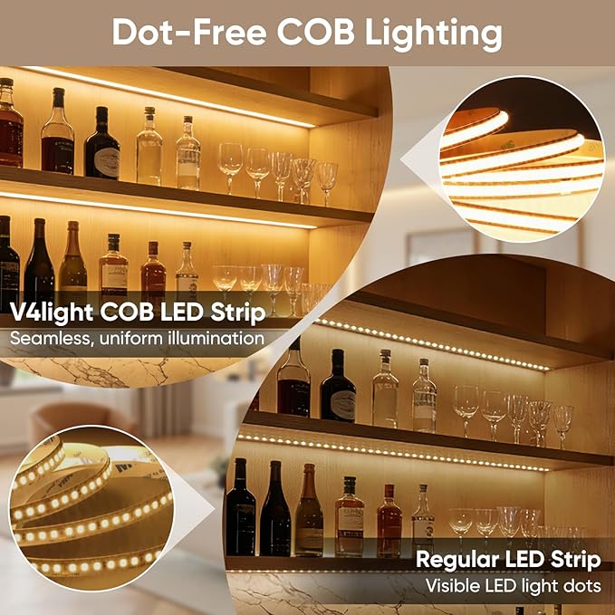 V4light Smart COB LED Strip Lights 16.4ft 24V, Tunable White 2700K–6500K Dot-Free Lighting, Alexa & Google Voice Control, App & Remote, CRI90+ Under Cabinet Lighting for Kitchen & Closet