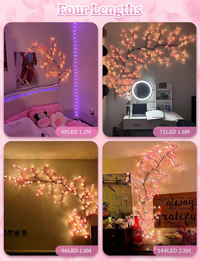 Cherry Blossom Lights for Room Decor Aesthetic,7.55 FT DIY Pink Cherry Blossom Wall Decor with 144 LED Flower Lights,Remote Timer,8 Lighting Modes,Blossom Tree Branch Lights,Vine Lights for Bedroom