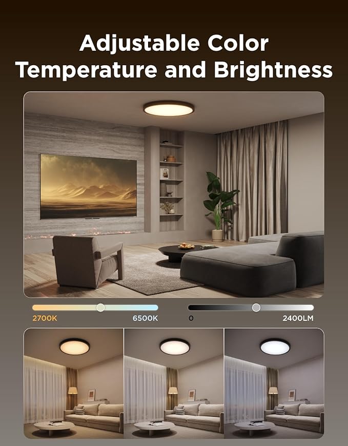 Govee Smart Ceiling Light, RGBIC LED Ceiling Light Fixture, 2400LM Flush Mount Light Fixture, DIY Colors, Works with Alexa, 2200K-6500K for Bedroom, Living Room, 12 Inch, 1 Pack, Black