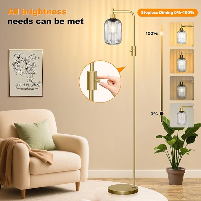 【Upgraded】 Dimmable Glass Floor Lamp for Living Room, Modern Gold Standing Lamp with Gray Ribbed Glass Lampshade & Knob Dimmer, Arc Tall Lamp for Bedroom Office Reading Room, 2700K Led Bulb Included