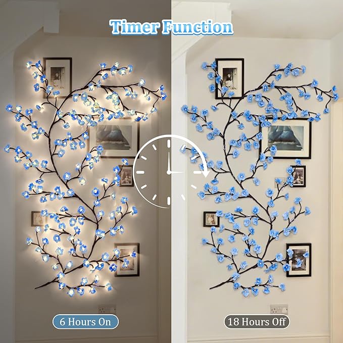 7.55 FT 144 LED Blue Cherry Enchanted Willow Vine Lights,Cherry Blossom Light with Remote Timer,8 Lighting Modes,LED Tree Branch Lights for Wall,Cherry Blossom Wall Decor for Bedroom Living Room