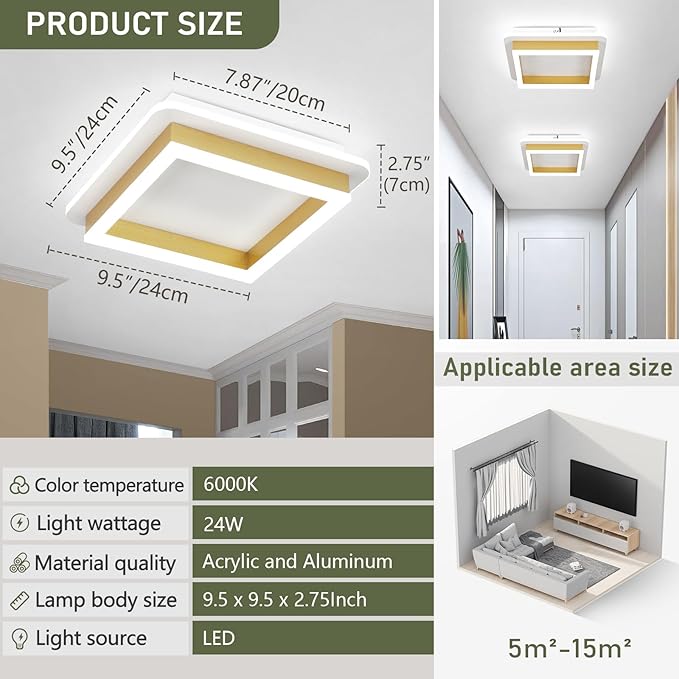 CANEOE 3 Packs Square Flush Mount Ceiling Light, 6000K Black Modern LED Ceiling Light Fixture, Minimalist Hallway Lighting Fixture Ceiling Lamp for Hallway Entryway Bedroom Balcony (Gold)