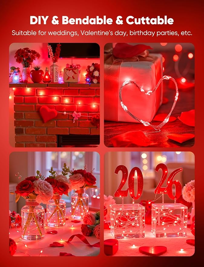 Minetom 12 Pack Red Christmas Lights, 7ft 20 LED Fairy Lights Battery Operated String Lights, Valentines Day Decorations, 8 Modes Waterproof Silver Wire Twinkle Lights, Valentine's Day Lights