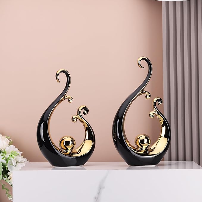 DOVDOV Abstract Ceramic Black Statue 2 Piece Set, Modern Art Black Gold Home Decor, Unique Home Decor, Coffee Table Bookshelf Room Shelf Coffee Table Console TV Stand Decor and Accessories.