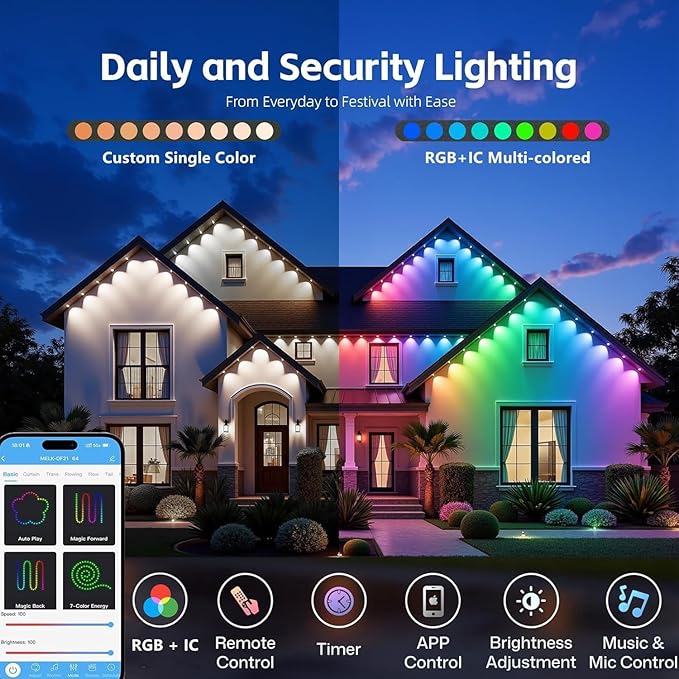 300FT Permanent Outdoor Lights for House,RGB+IC Smart Outdoor Decor,Scene Modes, App/Remote Control,IP67 Waterproof, for Christmas,Holiday, Daily & Pool Party Decor, House Roof Lighting