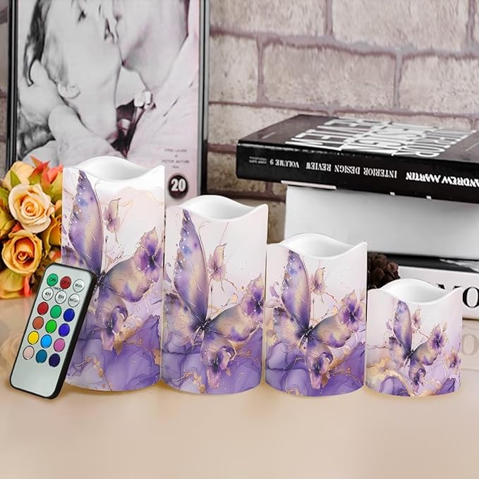 Purple Butterfly Marble Flickering Flameless Candles with Remote LED Pillar Candles Battery Operated with Timer Color Changing Electric Candles Decoration