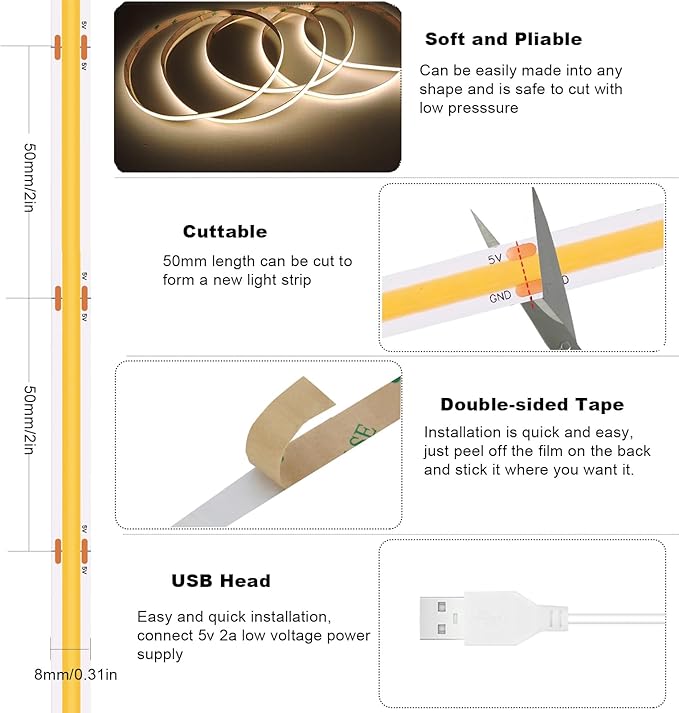COB LED Strip Lights Natural White 4000K CRI92+ Flexible&Cuttable DC 5V 6 ft Led Light Strip Short with Dimmer Switch for Desk Cabinet Home Office DIY Lighting Decoration