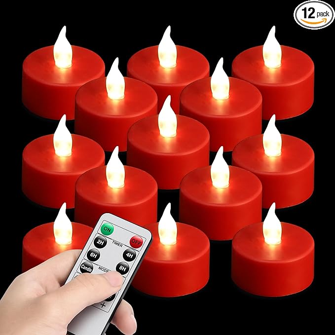 LED Tea Light Flameless Candles with Remote Control Flickering Tealight Long Lasting, Battery Operated with Timer for Halloween Home Decoration Seasonal &Festival Celebration Red (12pcs)