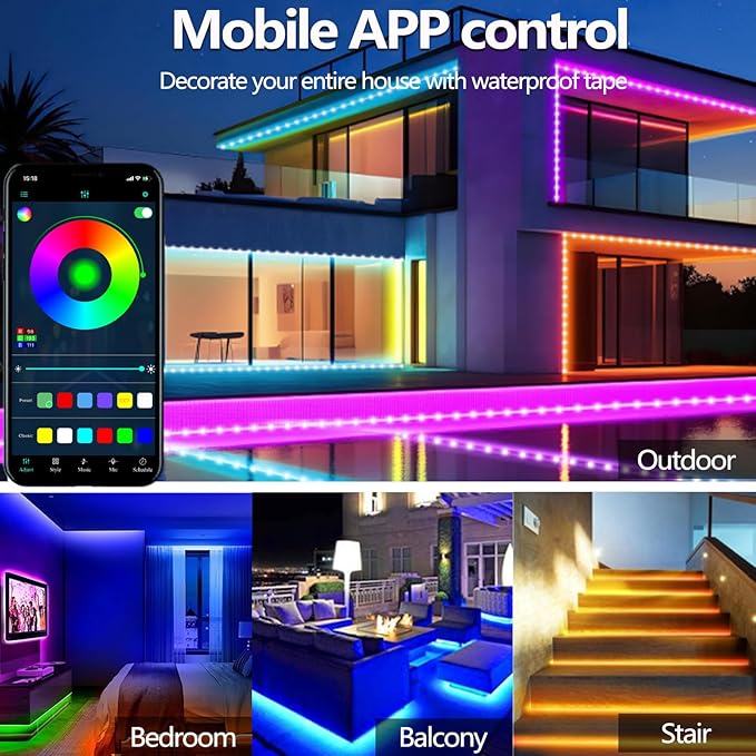 50FT LED Strip Lights IP68 Outdoor Waterproof, 5V USB Powered, Music Sync Bluetooth APP/RF Remote Control Lights for Balcony,Deck,Camping,Garden,Bedroom Decor