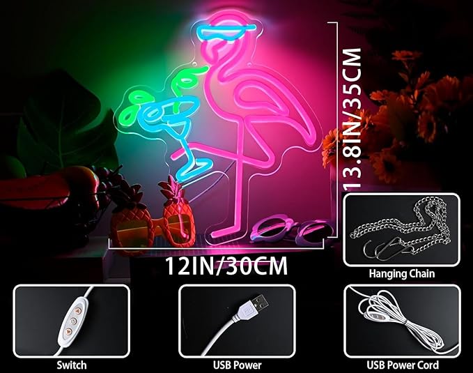 Drink LED Neon Sign Flamingos Cocktail Dimmable Sign for Wall Decor Light Up Sign USB Adjustable Brightness Animal Neon Light for Living Room Bars Pub Club Gatherings Art Wall Decor