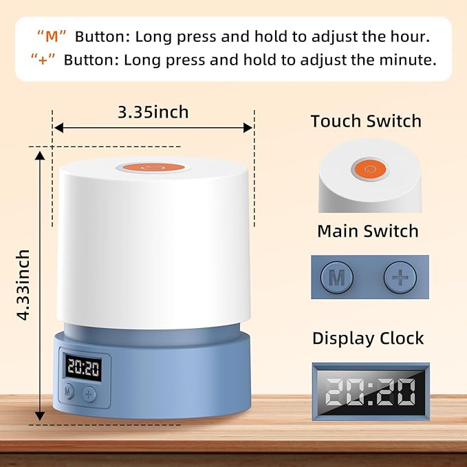 Nursery Night Light with Clock for Kids, Touch Lamp Bedside Desk Lamp, Portable Breastfeeding Night Lamp for Baby, 3 Color Stepless Dimming Up for Restaurant,Bedroom,Rechargeable (Blue)