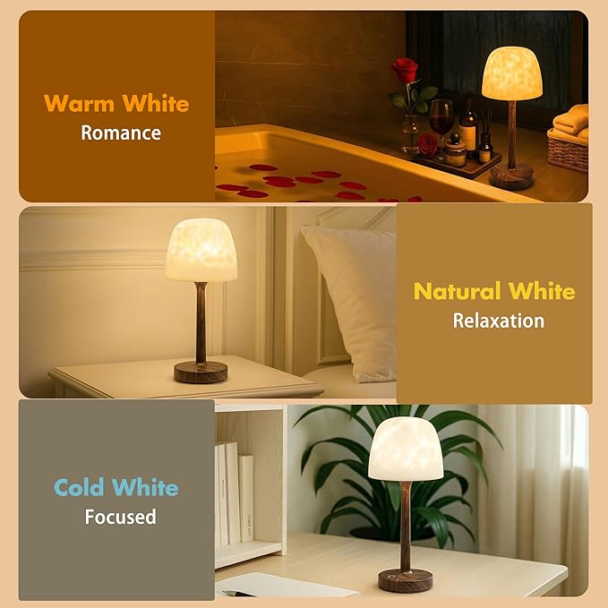 Waterproof Shower Lamp for Inside Shower, Rechargeable Bathroom Lamp with Remote & Touch Control, Cordless Shower Light with 16 Color Changeable, LED Ocean Wave Projector Light for Spa, Walnut Wood