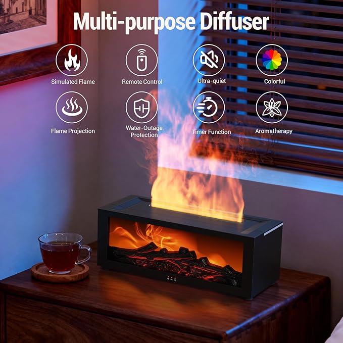Aixiqee Yellow Fireplace Diffuser, Flame Fireplace Aroma Diffuser for Essential Oils, Colorful Aromatherapy Fireplace Humidifier with Remote Control & Timer