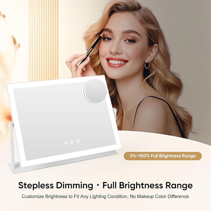 Vanity Mirror with LED Lights, 16.4x12.2 Inch Makeup Mirror, 3-Color Dimmable Touch Screen, 5X Magnification, 360° Rotation, White Large Tabletop Mirror for Bedroom Vanity