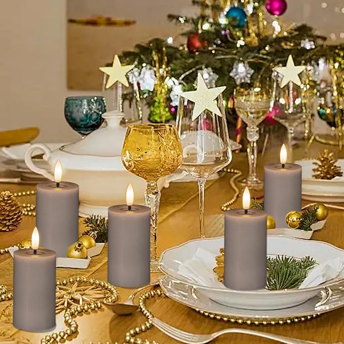 Eldnacele Flameless Pillar Flickering Candles with Remote and Timer, Battery Operated 3D Wick Real Wax LED Candle Set of 6 Gray Candles Christmas Holiday Decor Wedding Home Indoor Decorations