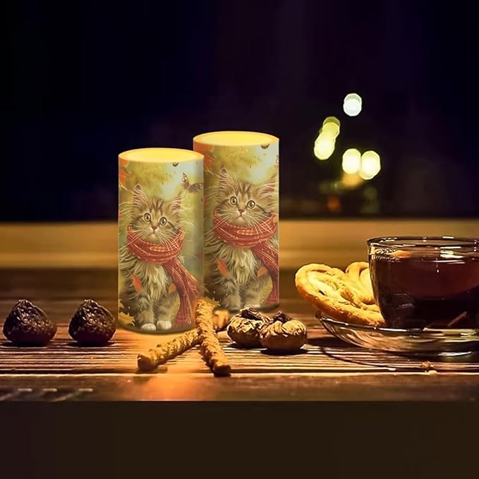 Cat Maple Leaf Battery Candles with Remote Control Fall Decor Flameless Candles Autumn Pillar Candle LED Fake Candles Color Changing for Thanksgiving Decorations Indoor Home Room Party