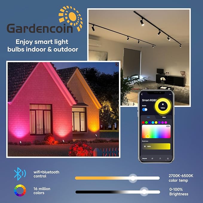 Gardencoin MR16 LED Bulb Color Changing, RGBCW Smart GU5.3 LED Bulbs Dimmable, 6W 12V Bi-Pin Base, Spotlight Bulbs Replacement for Halloween & Christmas Outdoor, WiFi Bluetooth Control (2 Pack)