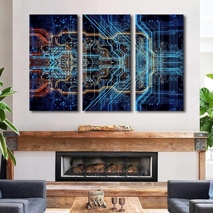 3 Piece Digital Chip Artwork Electronic PC Pictures for Living Room Abstract Design Wall Canvas Art Modern House Decorations Wall Decor Posters Prints for Office Home Walls Ready to Hang(40" Wx60 H)