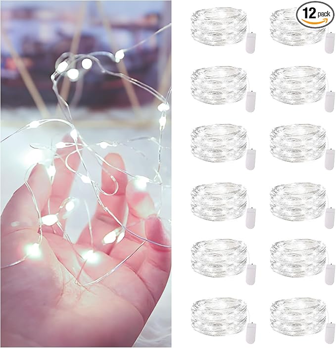 Bexdir 12 Pack Fairy Lights Battery Operated String Lights，7FT 20LED Waterproof Silver Wire Christmas Lights Outdoor,Firefly Mini Lights for Bedroom Party Birthday Wedding Home Decor