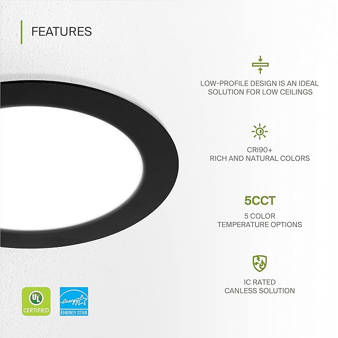 ASD 1 Pack LED Recessed Lighting 6 Inch 15W, 5 CCT 2700K-5000K CRI90+, IC Rated Ultra Thin Dimmable Ceiling Lights with J Box, Canless Wafer Downlight, Round Slim Panel Light, UL Energy Star, Black