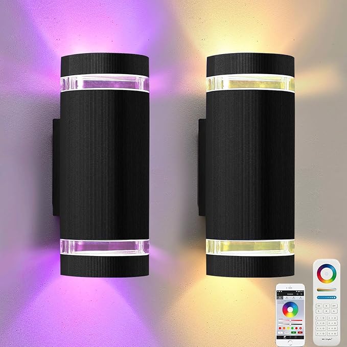 RGB Outdoor Wall Lights with RF Remote Control, Color Changing Porch Light, Up and Down Smart Wall Sconces with 2700k- 6500k RGB+CCT and 32 Modes-ETL Listed (2 Pack)