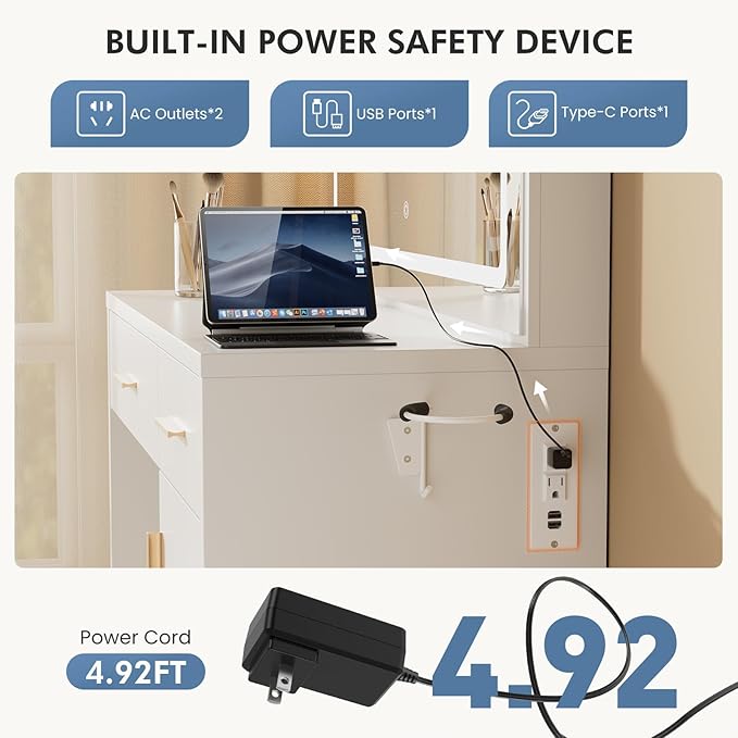 DUMOS Vanity Desk with 35.4" LED Mirror and Lights, Makeup Vanity Table with Charging Station (2AC/USB/C), 2 Drawers & Large Cabinet, 3 Lighting Color Adjustable, Modern Dressing Table, White